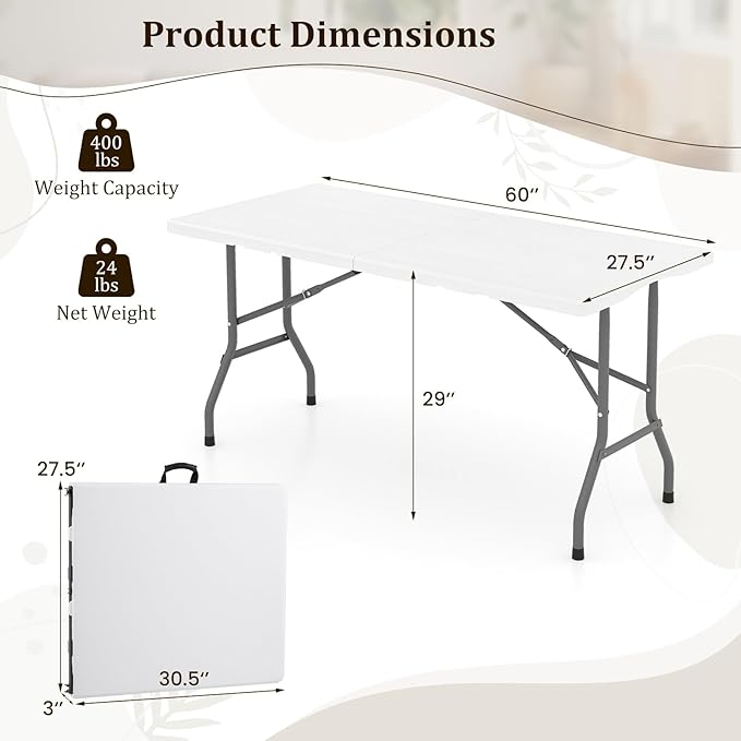 Tangkula 5FT Folding Table, Indoor Outdoor Foldable Plastic Table with HDPE Tabletop, Sturdy Metal Fame, Carrying Handle, 4-6 Person Picnic Table for Camping BBQ Party