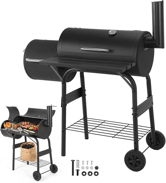 Offset Smoker Charcoal Grill 192 SQ.IN. Cooking Surface Heavy-Duty BBQ Grill Wheels Barbecue Cooker Steel Warming Rack for Outdoor Garden Patio & Backyard Cooking