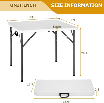 PayLessHere 34" Square Plastic Folding Card Table, Portable Outdoor Dining Table with Collapsible Legs and Carrying Handle,Plastic Tables for Camping,Picnic, Office, Party, White