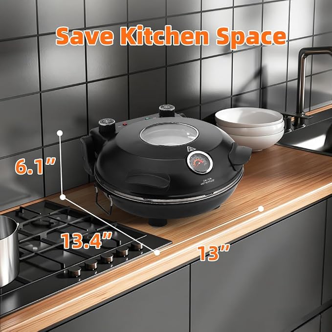 Electric-Pizza-Oven-Indoor, 12 Inches Countertop Cooker,800℉ Electric Pizza Maker with Timer, Ceramic Stone, Viewing Window, Complete Accessory Kit, Black