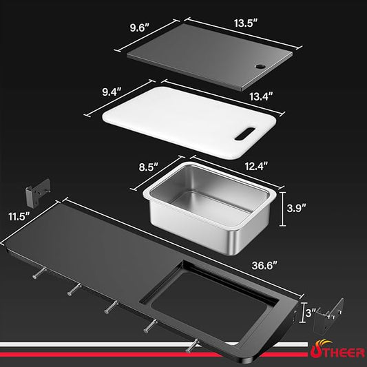 Utheer Upgraded Folding Front Shelf for Traeger Pro 34 Series, Century 885, Texas Elite 34, 37"x12" Heavy-Duty BBQ Prep Table with Cutting Board, Basin, 5 Hooks, 60-LB Load Steel Folding Grill Shelf
