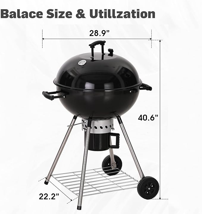 Sophia & William 22-inch Kettle Charcoal Grill with Thicken Chromeplated Grate, High-capacity Ash Catcher for Outdoor Picnic BBQ Patio Camping, Black