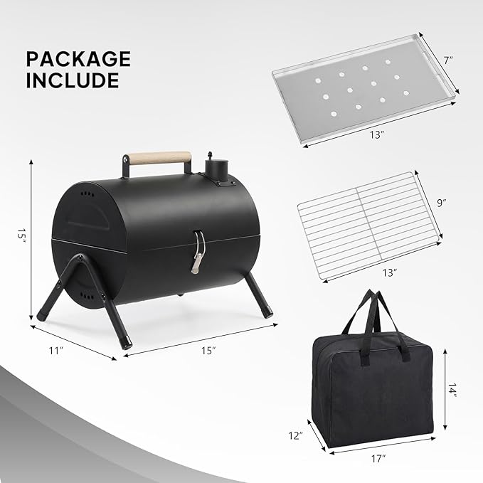 Portable 2-in-1 Double Sided Charcoal Grill, Heavy Duty Metal Tabletop BBQ with Thermometer, Wooden Handle, Food Tray & Rack, Storage Bag Included for Camping Patio Picnic Travel, Easy Assembly