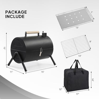 Portable 2-in-1 Double Sided Charcoal Grill, Heavy Duty Metal Tabletop BBQ with Thermometer, Wooden Handle, Food Tray & Rack, Storage Bag Included for Camping Patio Picnic Travel, Easy Assembly