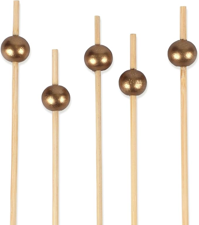 BambooMN Decorative Ball End Cocktail Fruit Sandwich Picks Skewers for Catered Events, Holiday's, Restaurants or Buffets Party Supplies - 4.7" Gold, 100 pcs