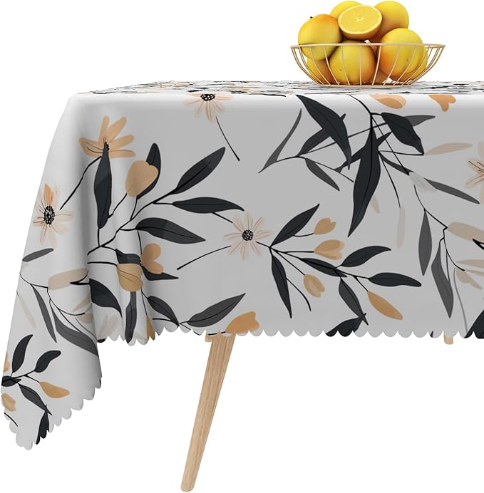 Floral Square Tablecloth Black and Yellow Leaves Flowers Table Cloth Perfect for Spring Home Decor 60x60 Inch Botanical Waterproof Resistant Table Cover for Kitchen Dining Room