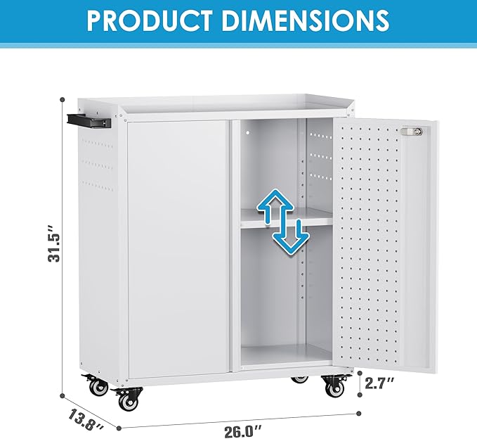 Garage Storage Cabinet with Wheels & Pegboard, Locking Metal Storage Cabinet with Doors and Shelf & 4 Hooks for Garage, Home, Workshops, Small Tool Cabinets, Assembly Required, White