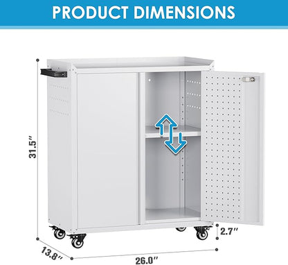 Garage Storage Cabinet with Wheels & Pegboard, Locking Metal Storage Cabinet with Doors and Shelf & 4 Hooks for Garage, Home, Workshops, Small Tool Cabinets, Assembly Required, White