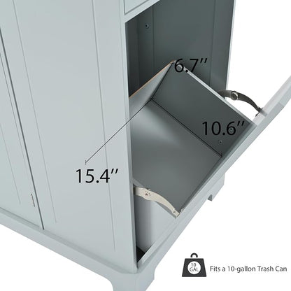 Ball & Cast Fluted Kitchen Island with Trash Can Storage Cabinet,Power Outlet,Internal Storage Rack,Rolling Kitchen Islands On 5 Wheels W/3 Drawer&3 Open Side Racks for 10 Gallon Garbage Bin,Grey Blue