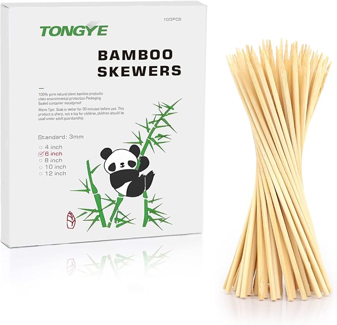 [100 PCS] 6 inch Bamboo Skewers, Premium Wooden Skewers without Splinters, Skewers for Grilling, BBQ, Appetizer, Fruit Kabobs, Chocolate Fountain, Cocktail Toothpicks, and Food Skewer Sticks.