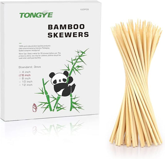 [100 PCS] 6 inch Bamboo Skewers, Premium Wooden Skewers without Splinters, Skewers for Grilling, BBQ, Appetizer, Fruit Kabobs, Chocolate Fountain, Cocktail Toothpicks, and Food Skewer Sticks.