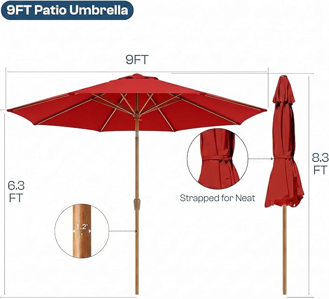 9ft Outdoor Patio Umbrella, Market Table Umbrella with Crank and Easy Push Button Tilt, Wood Grain Frame, UPF 50+ for Pool, Garden, Deck, Backyard
