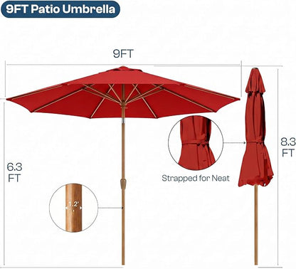 9ft Outdoor Patio Umbrella, Market Table Umbrella with Crank and Easy Push Button Tilt, Wood Grain Frame, UPF 50+ for Pool, Garden, Deck, Backyard
