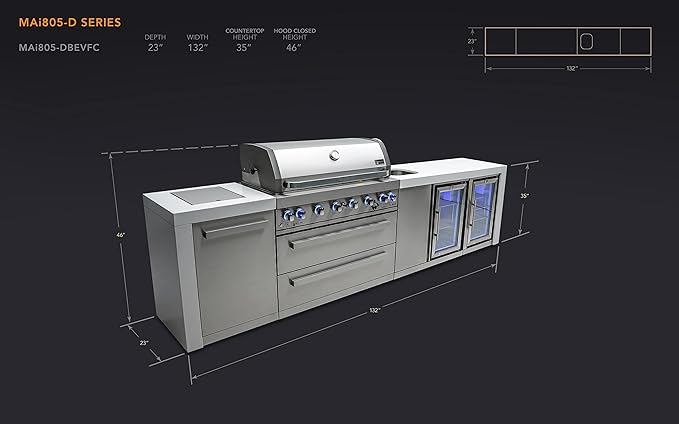 Mont Alpi Premium 132"W x 23"D Deluxe Stainless Steel Modular Outdoor Kitchen Island + 2 Refrigerators + Beverage Center Faucet & Sink + 44"W 6-Burner BBQ Grill + Granite Countertops + Storage + Cover