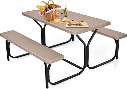 Metal Picnic Table with 2 Benches, Brown