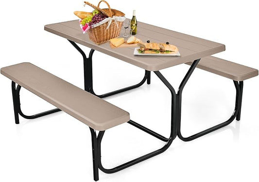 Metal Picnic Table with 2 Benches, Brown