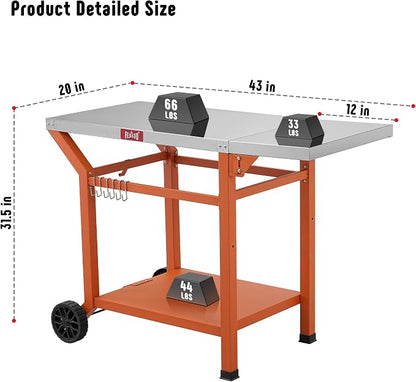 Feasto 43" Lx20 W Grill Table with Folding Side Table & Undershelf, Orange | Stainless Steel Tabletop, Foldable Side Shelf, Sturdy Undershelf, for Pizza Ovens, BBQ Grills, & Prep Work (Hooks Included)