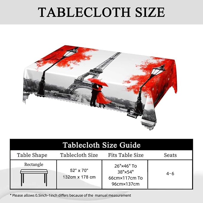 Swono Paris Table Covers 52x70 Inch France Eiffel Tower Couple Umbrella Wipeable Tablecloth Kitchen Dinning Tabletop Decoration, Red Grey Table Cloth for Outdoor and Indoor Use