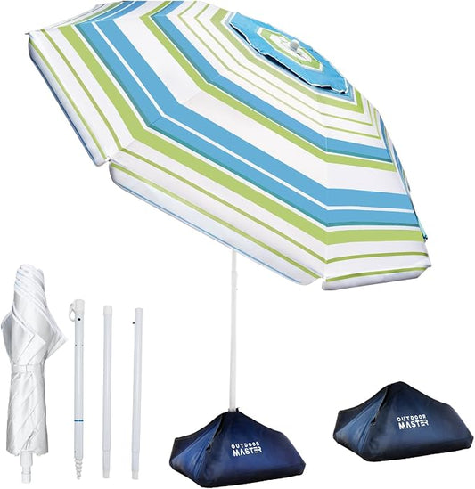 OutdoorMaster 7.2ft Beach Umbrellas for Sand with Sandbag & Anchor | 7.2ft Adjustable Umbrella for Beach, Wind Resistant, Portable UPF50+ Sunshade with Carry Bag for Patio