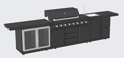 Modular 3 Piece Island Electric and Propane or Natural Gas BBQ Outdoor Black Stainless Steel Grill Kitchen with Double Wine Refrigerator, Sink, Rotisserie, Black Marble Top and FREE Protective Cover