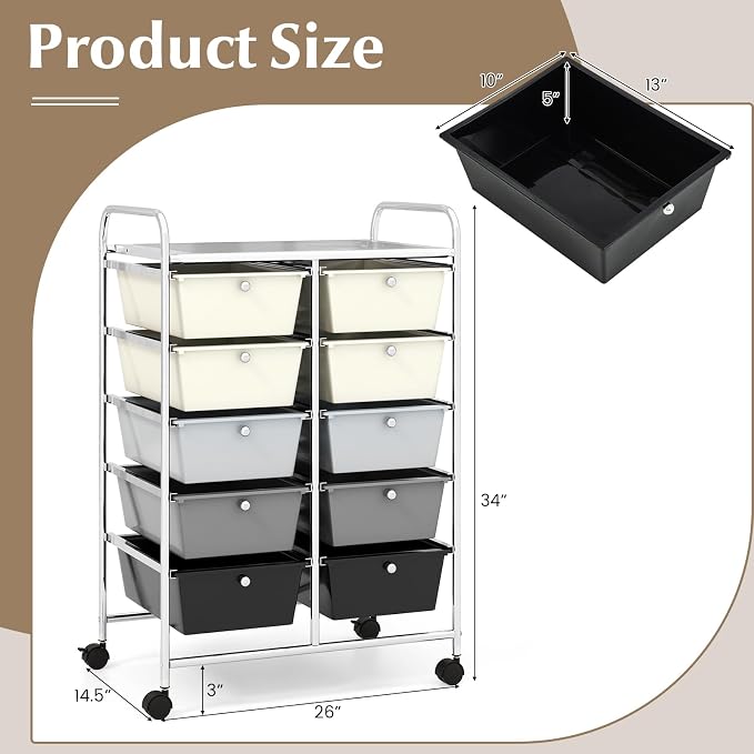 HOMGX Rolling Cart with 10 Drawers, 10 Tiers Multicolor Trolley, Drawer Bin Carts with 2 Lockable Wheels, Adjustable File & Debris Organizer Cart, Rolling Storage Cart for Office, School, Home