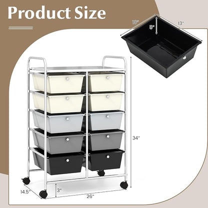 HOMGX Rolling Cart with 10 Drawers, 10 Tiers Multicolor Trolley, Drawer Bin Carts with 2 Lockable Wheels, Adjustable File & Debris Organizer Cart, Rolling Storage Cart for Office, School, Home