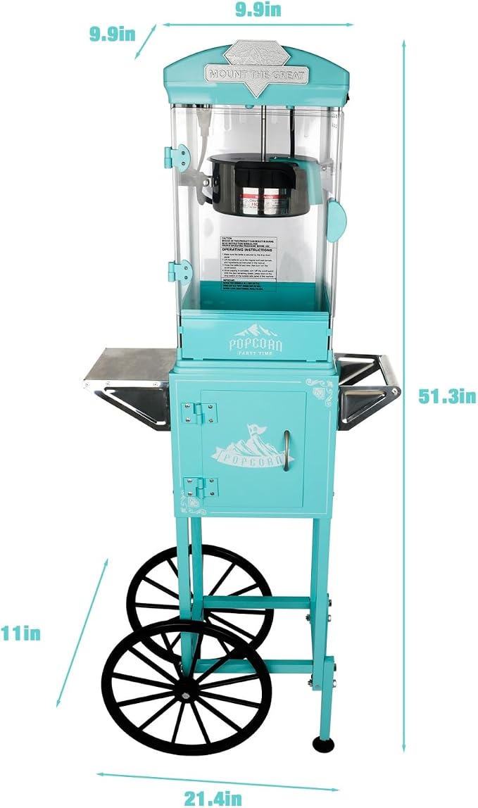 10 Oz Popcorn Machine with Cart, Mobile Popcorn Maker for 64 Cups per Batch, Nostalgia Professional Cart with Simple One-Touch & 3 Spoons, Movie Night Supplies for Home, Cyan