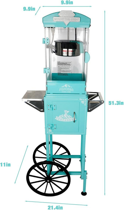 10 Oz Popcorn Machine with Cart, Mobile Popcorn Maker for 64 Cups per Batch, Nostalgia Professional Cart with Simple One-Touch & 3 Spoons, Movie Night Supplies for Home, Cyan