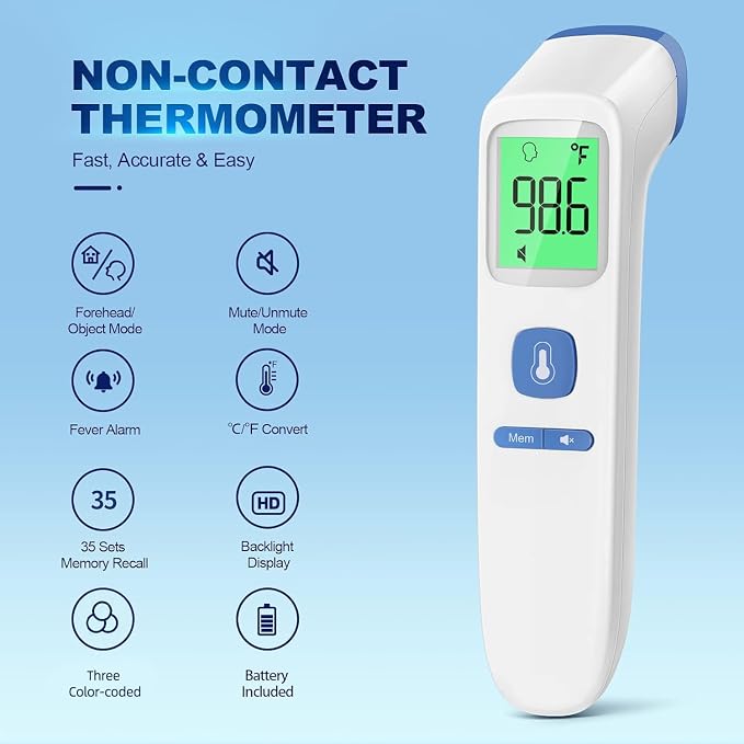 No-Touch Thermometer for Adults, Kids, Babies, 1-Sec Fast Accurate (Blue) | Fever Alarm, Large LCD with 3-Color Backlight, Silent Mode, 35-Reading Memory, Forehead & Object Mode, for Home & Clinic