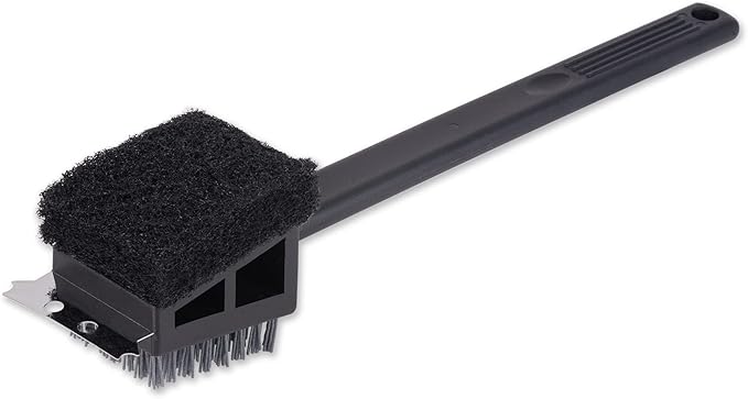 RSVP International Barbeque Grilling Collection Grill Cleaning Tool, 3-in-1 Brush/Scraper, 15-Inch, Black