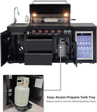BBQ Outdoor Kitchen Island Grill Barbecue Modular Patio Kitchens Kits with Electric Rotisserie, Sink, fridge, and Burner for More than 10 People