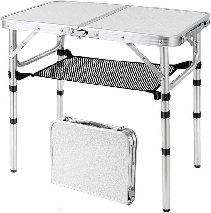 YihuiKo Folding Picnic Table, Small Camping Table with Adjustable Heights | Storage Net, Extension Leg, Lightweight Portable Folding Table, For Beach Home, Carrying Handle, Aluminum Alloy Frame