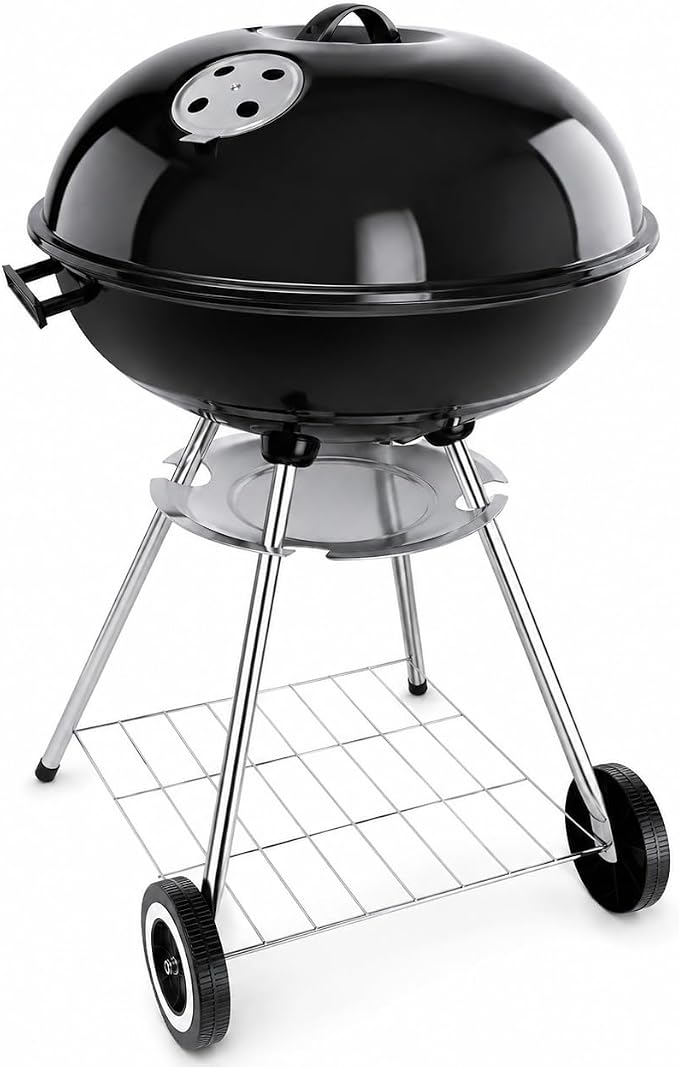 22-Inch Black Kettle Charcoal BBQ Grill: Built-in Ash Collector for Easy Cleaning, Great for Outdoor Cooking, Heavy-Duty for Backyard & Camping