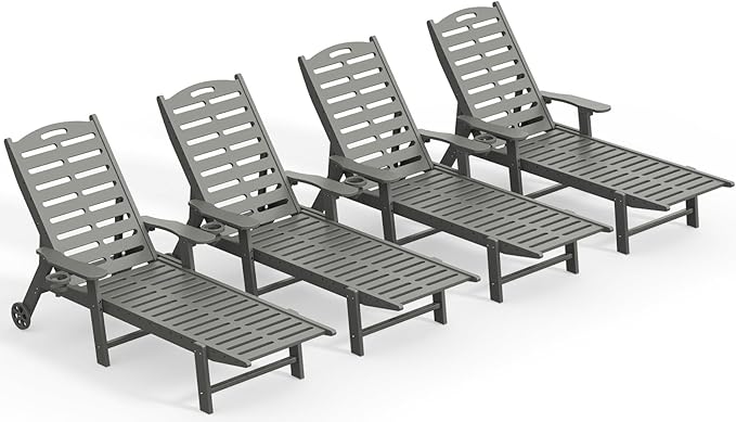 Ciokea Heavy Duty HDPE Chaise Lounge Chairs Outdoor Set of 4, 5-Position Adjustable Patio Sun Loungers with Wheels & Cup Holder, Outdoor Furniture Set for Poolside, Deck, Backyard, Grey