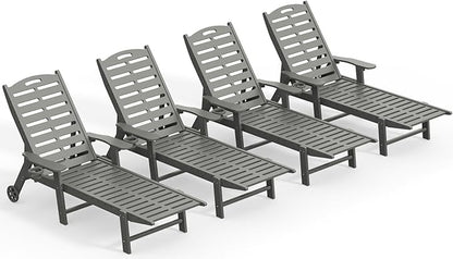 Ciokea Heavy Duty HDPE Chaise Lounge Chairs Outdoor Set of 4, 5-Position Adjustable Patio Sun Loungers with Wheels & Cup Holder, Outdoor Furniture Set for Poolside, Deck, Backyard, Grey