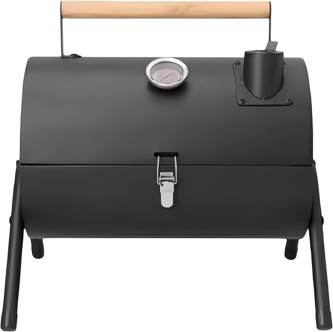Portable charcoal grill with thermometer and double-sided grill net, suitable for camping and backyard smoking barbecue