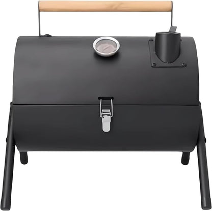 Portable charcoal grill with thermometer and double-sided grill net, suitable for camping and backyard smoking barbecue