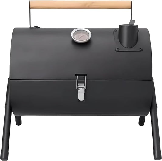 Portable charcoal grill with thermometer and double-sided grill net, suitable for camping and backyard smoking barbecue