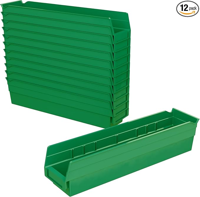Akro-Mils 30128 Heavy Duty Plastic Shelf Bins, 18"x 4"x 4", Green, 12-Pack | Heavy Duty Nesting Storage Bins for Garage, Closet, Refrigerator, Kitchen, Cabinet, Drawer Organization, Pantry Organization