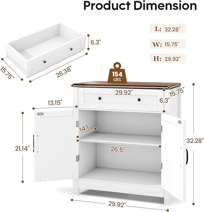 GRUSIGN 30" Coffee Bar Station, Kitchen Sideboard Buffet Cabinet with a Drawer and Adjustable Shelf, Modern Farmhouse Storage Cabinet for Kitchen, Living Room, Entryway, White