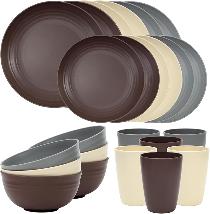 Quatish 24 Piece Plates and Bowls Sets for 6, Unbreakable Dinnerware Sets, Dish Set for Camping, Dishwasher Microwave Safe, Outdoor Kitchen and Apartment Dorm Dinning RV Essentials, Brown