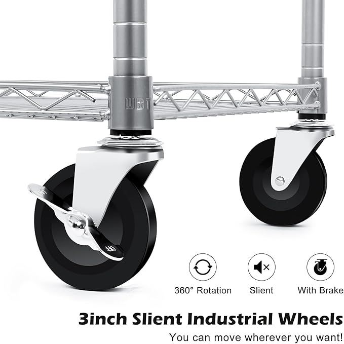 Heavy Duty 3 Tier Utility Cart,Wire Rolling Carts with Wheels, Commercial Grade Service Cart with Shelving Liners and Handle Bar Metal Carts for Kitchen Office Hardware