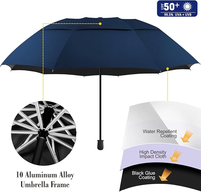 HOBVO UPF 50+ Golf Umbrella with Adjustable Universal Clamp, Portable Umbrellas for Rain, Manual Open & Close, for Beach Chair, Golf Cart, Stroller, Bleacher, Patio