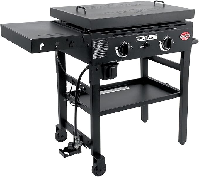 Char-Griller® Flat Iron 2-Burner Propane Gas Flat-Top Griddle with Steel Griddle Top, Wind Guards and Removable Lid, 520 Cooking Square Inches in Black, Model 8128