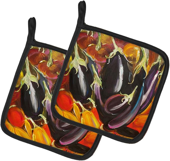 Caroline's Treasures JMK1260PTHD Eggplant Pair of Pot Holders Kitchen Heat Resistant Pot Holders Sets Oven Hot Pads for Cooking Baking BBQ, 7 1/2 x 7 1/2