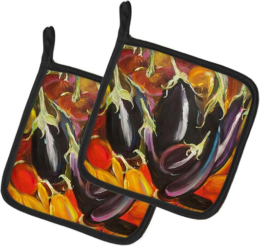 Caroline's Treasures JMK1260PTHD Eggplant Pair of Pot Holders Kitchen Heat Resistant Pot Holders Sets Oven Hot Pads for Cooking Baking BBQ, 7 1/2 x 7 1/2