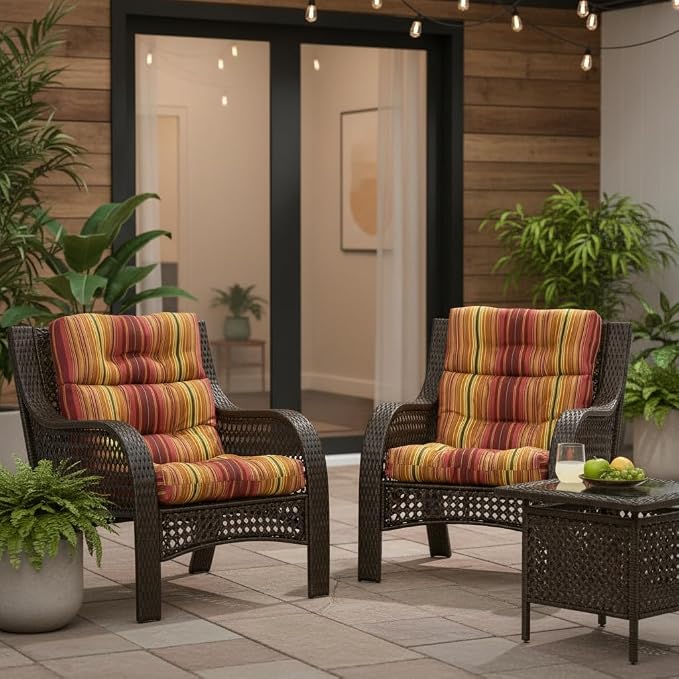 Outdoor Tufted High-Back Chair Cushions, One-Piece Hinged Seat and Back Design, Reversible with 4 Ties, Durable Polyester Fabric, Recycled Fiber Fill - Set of 2, Kinnabari Stripe