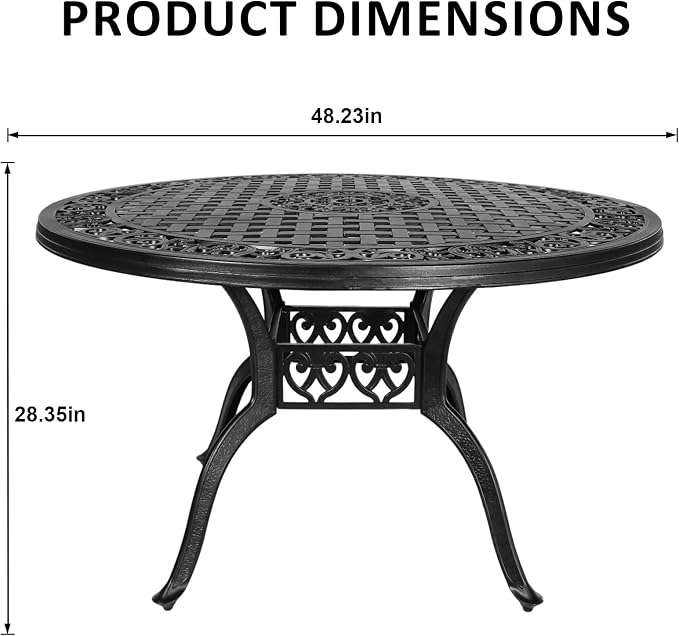 48.23" Patio Dinning Table, All-Weather Cast Aluminum Table with 2.36" Umbrella Hole, Patio Furniture, Outdoor Dining Table for Backyard and Poolside