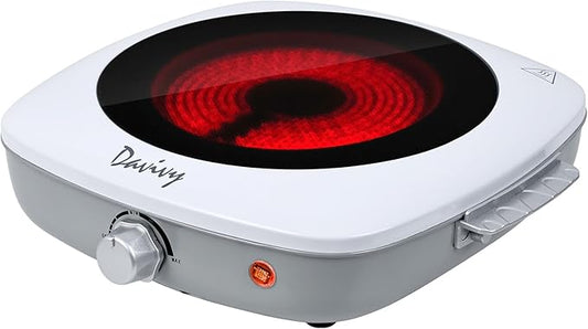 Davivy Single Burner Hot Plate with Sturdy Handle, 7.9 inch Ceramic Glass Cooktop, 1200W Infrared Cooker, Compatible Of All Cookware, White