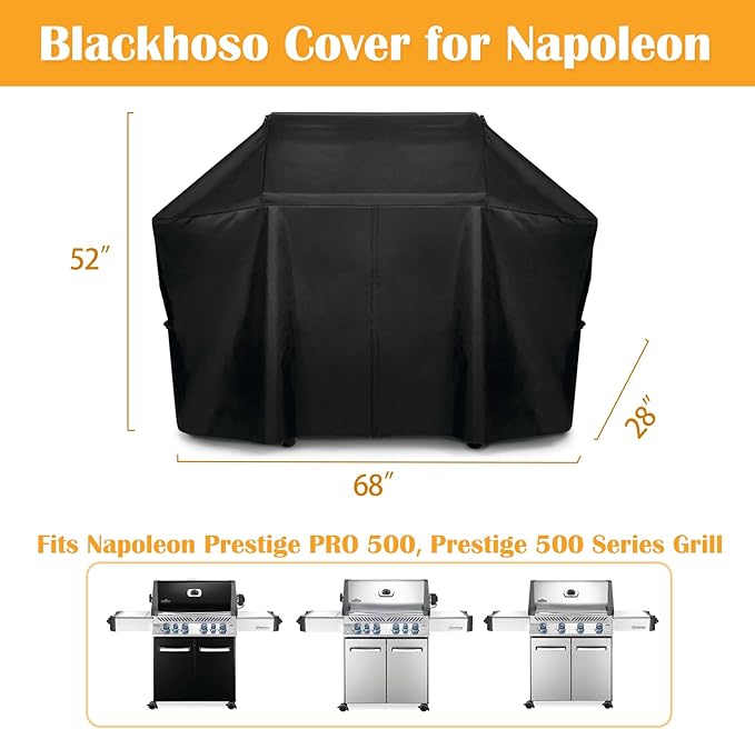 Grill Cover 61500 for Napoleon Prestige PRO 500 and Prestige 500 Grill, 600D Heavy Duty PU Material Wateproof Grill Cover, Velcro Closure, Adjustable Buckled Straps